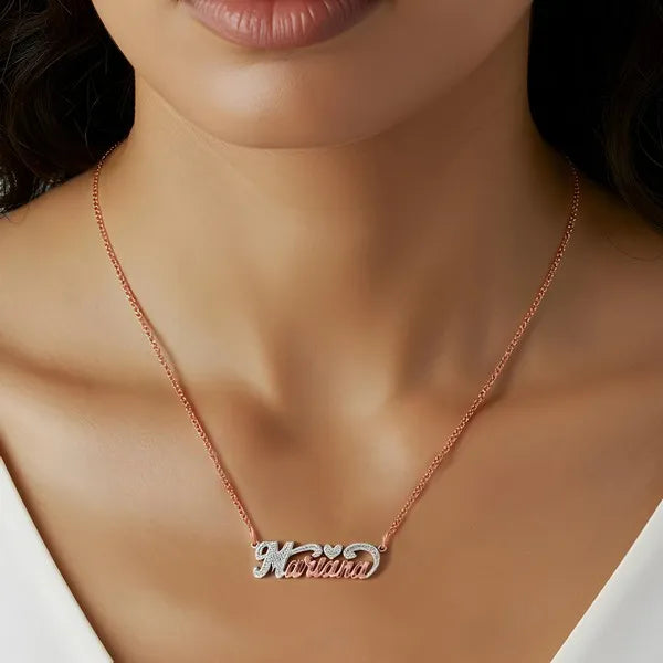 Lifestyle view Marina heart name necklace in rose gold