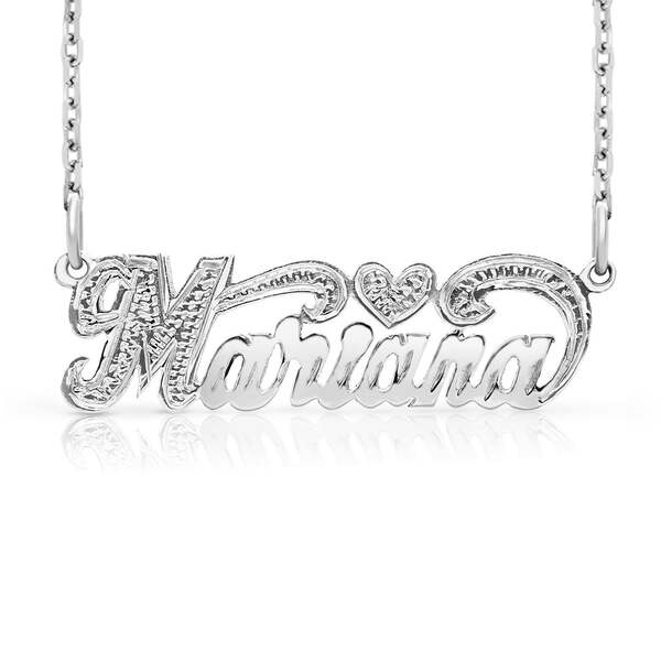 Marina small name necklace with heart design in white gold