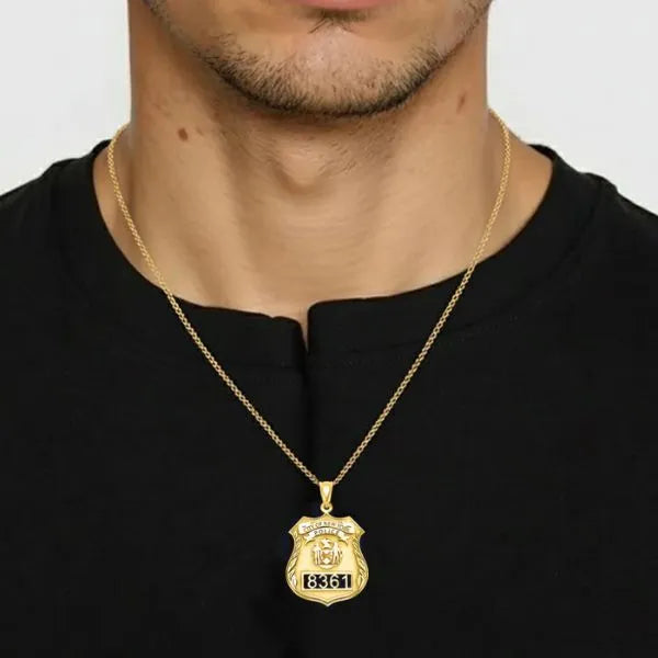 Police badge charm pendant worn by men model in gold