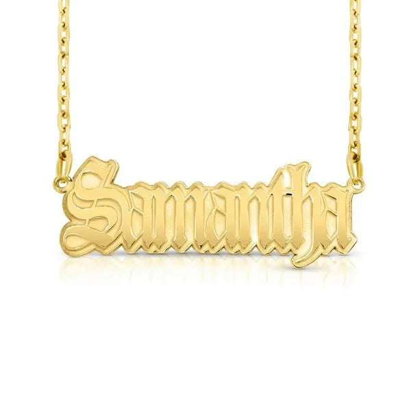 Samantha gothic style name necklace in 14k yellow gold