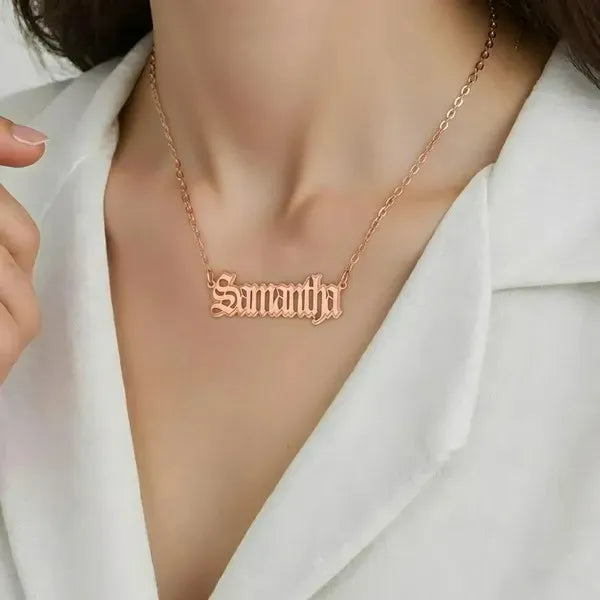 Rose gold Samantha gothic name necklace worn on model