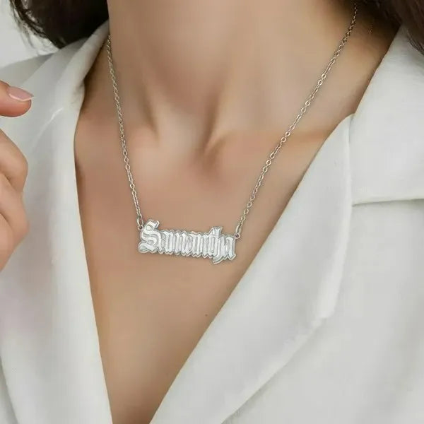 Samantha name necklace worn in sterling silver