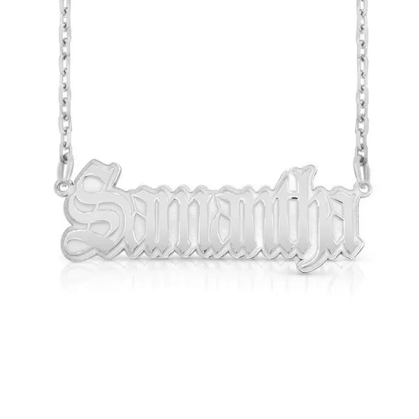 14k white gold gothic name necklace Samantha