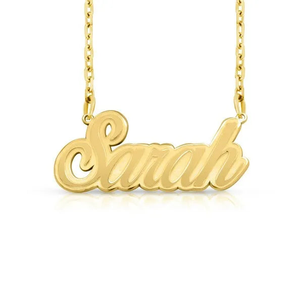 Sarah fancy name necklace in 14 karat yellow gold