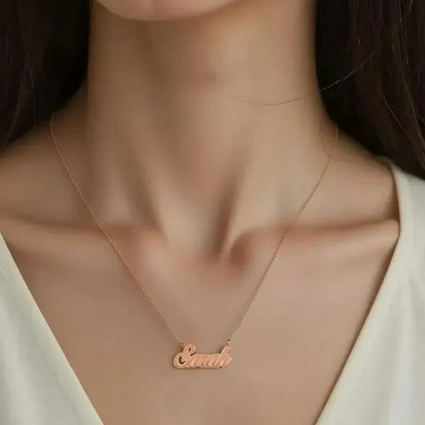 Lifestyle view Sarah fancy name necklace rose gold