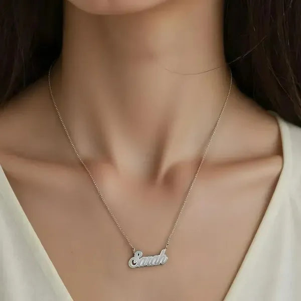 Styled Sarah 14 karat fluted name necklace white gold