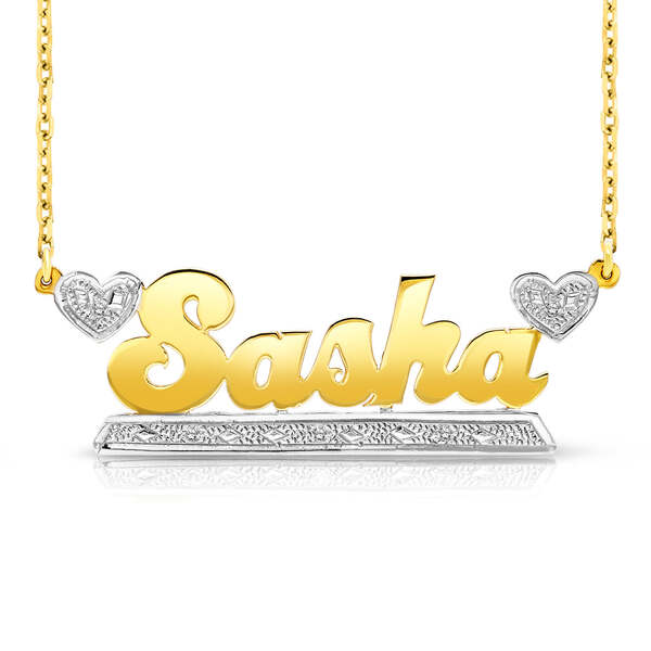 Sasha bold name necklace in 14k yellow gold with hearts