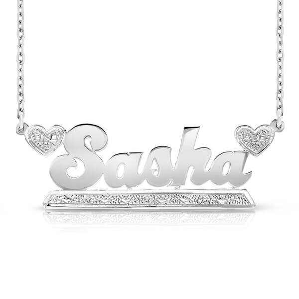 14k white gold name necklace with two hearts