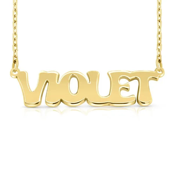 Violet retro letter style name necklace in 14 karat yellow gold
