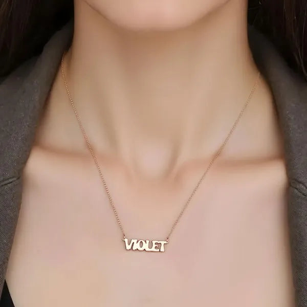 Lifestyle view Violet retro letter name necklace rose gold
