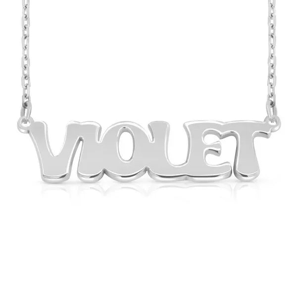Violet 14 karat retro letter name necklace white gold finish