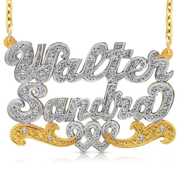 3D name necklace with intertwined hearts in 14k yellow gold