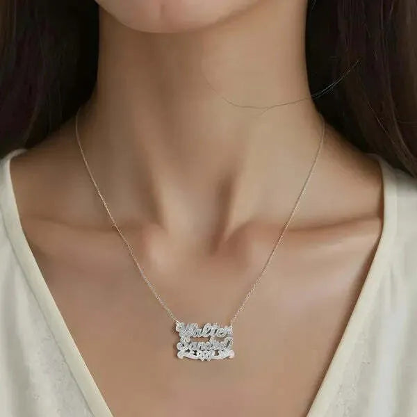 White gold two name necklace on a model